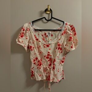 NWT- J. Crew Cream Blouse with Red Floral Print and Tie Front - Size 00